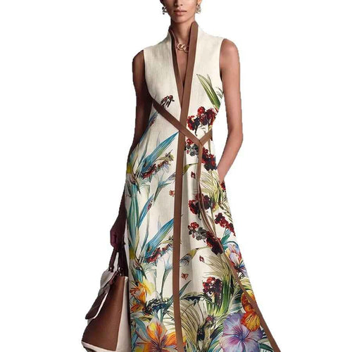 Color-Block Printed Maxi Dress – V-Neck Flared Hem