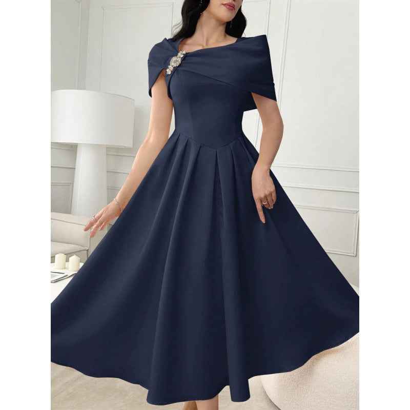 Asymmetric Diamond-Embellished Short-Sleeve Dress — Slim Fit, Elegant