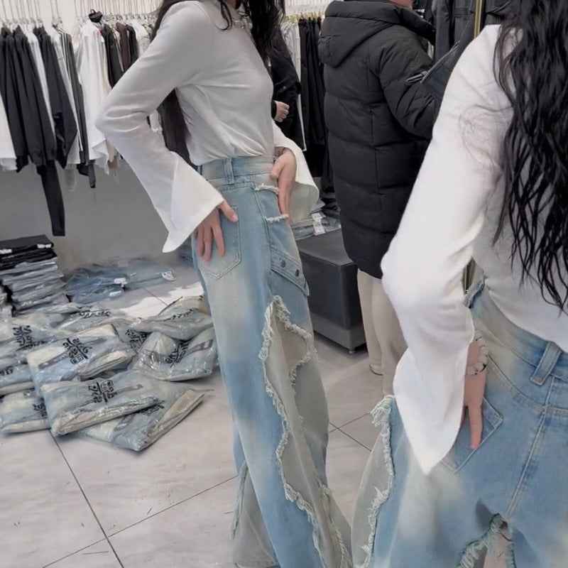 High-Waist Wide-Leg Denim Jeans — Loose Fit, Washed, With Pockets