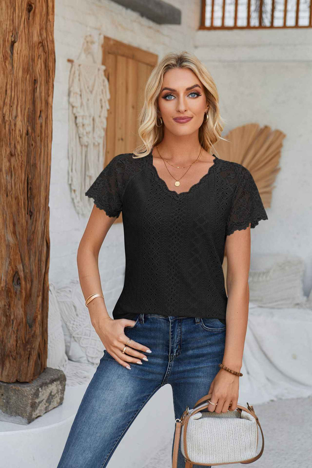 Eyelet Lace-Trim V-Neck Top