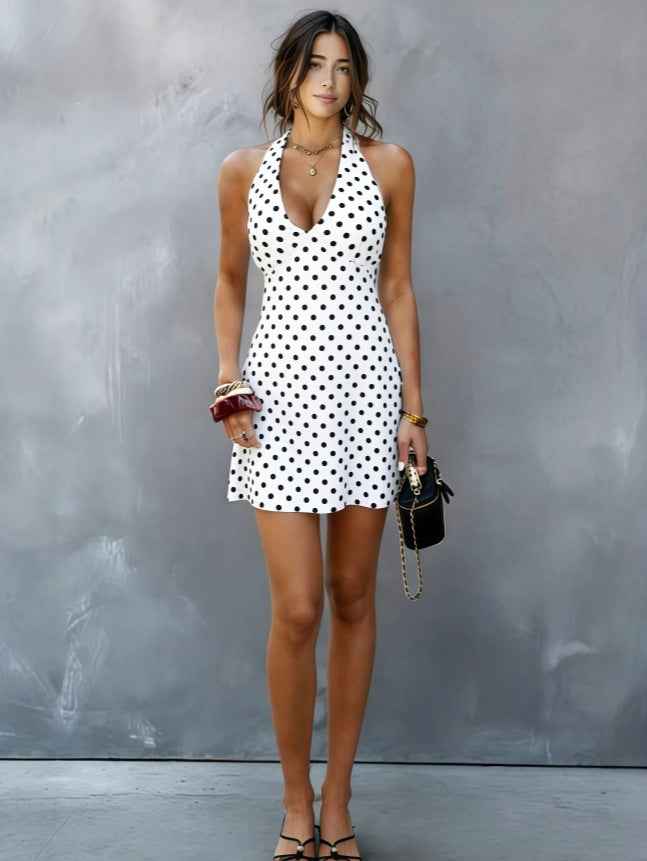 European And American-style Sexy Halter-neck Tube Top Deep-V-neck Polka-dot Dress