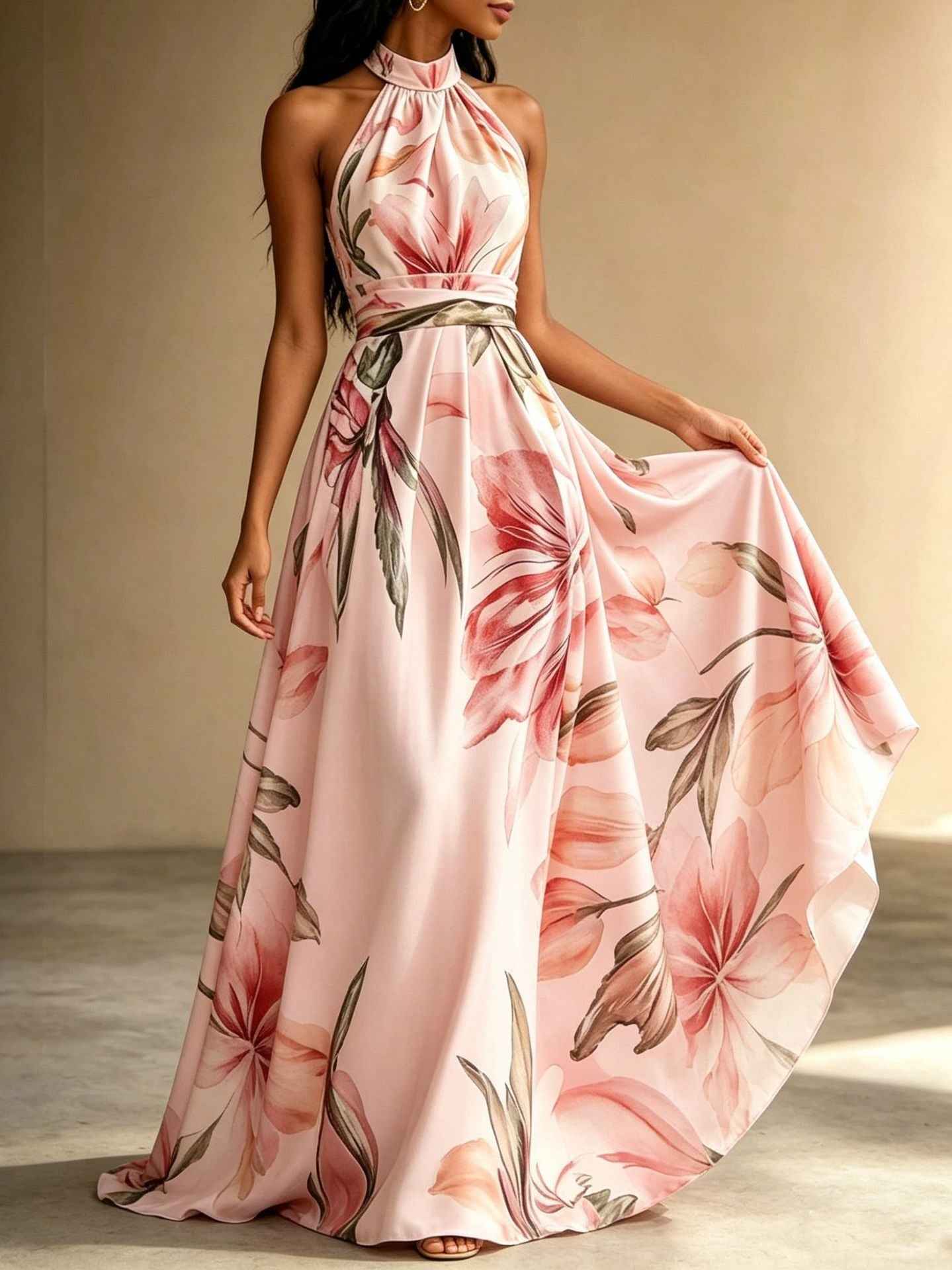 Sleeveless High-Waist Open-Back Floral Print Flared Hem Maxi Dress