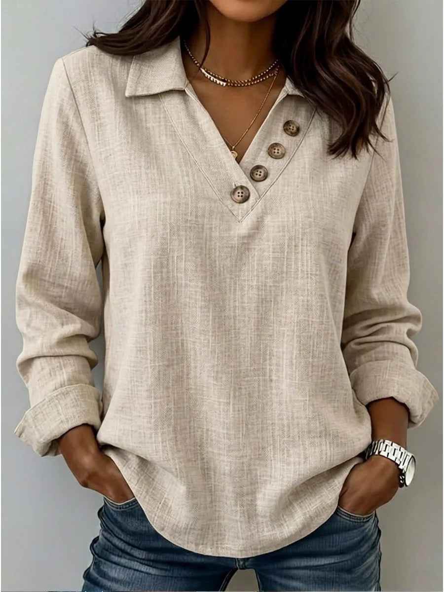 Versatile V-neck Button-up Retro Long-sleeve T-shirt