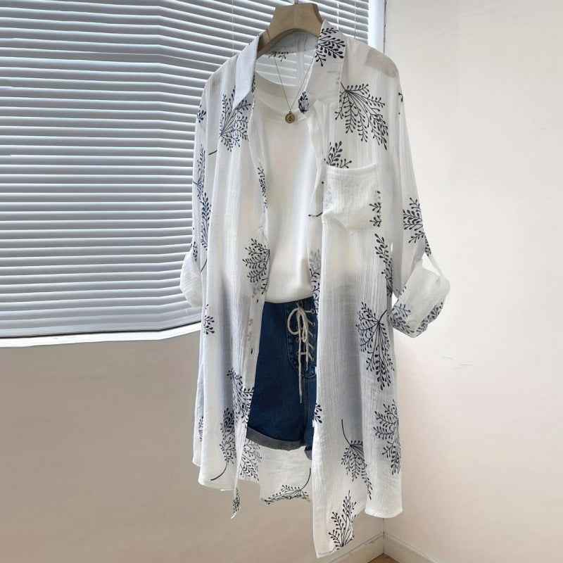 Printed Loose-Fit Womens Long-Sleeve Shirt Cuffed Sleeves Casual Style