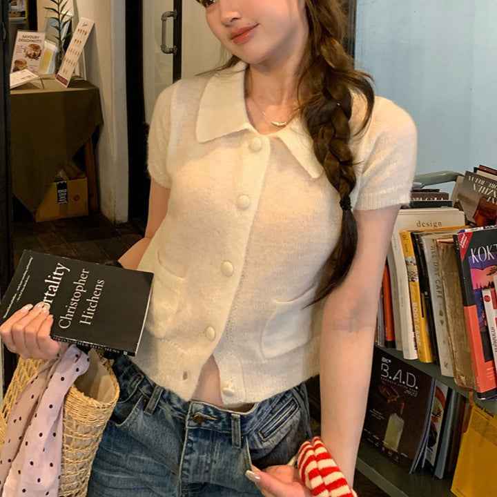 Slim-Fit Lapel Knitted Short-Sleeve Cardigan Top