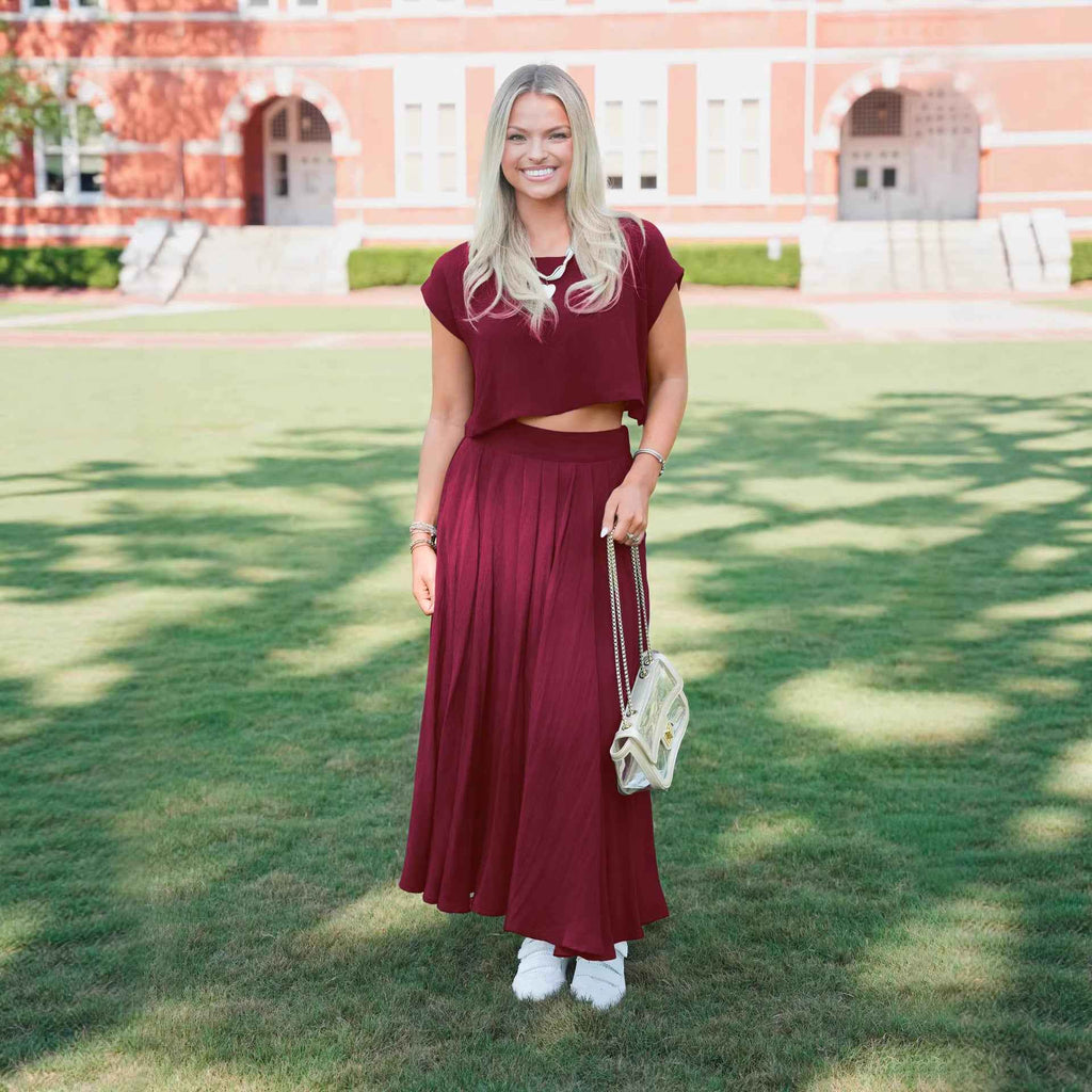 Cropped Top & Pleated Midi Skirt Two-Piece Set