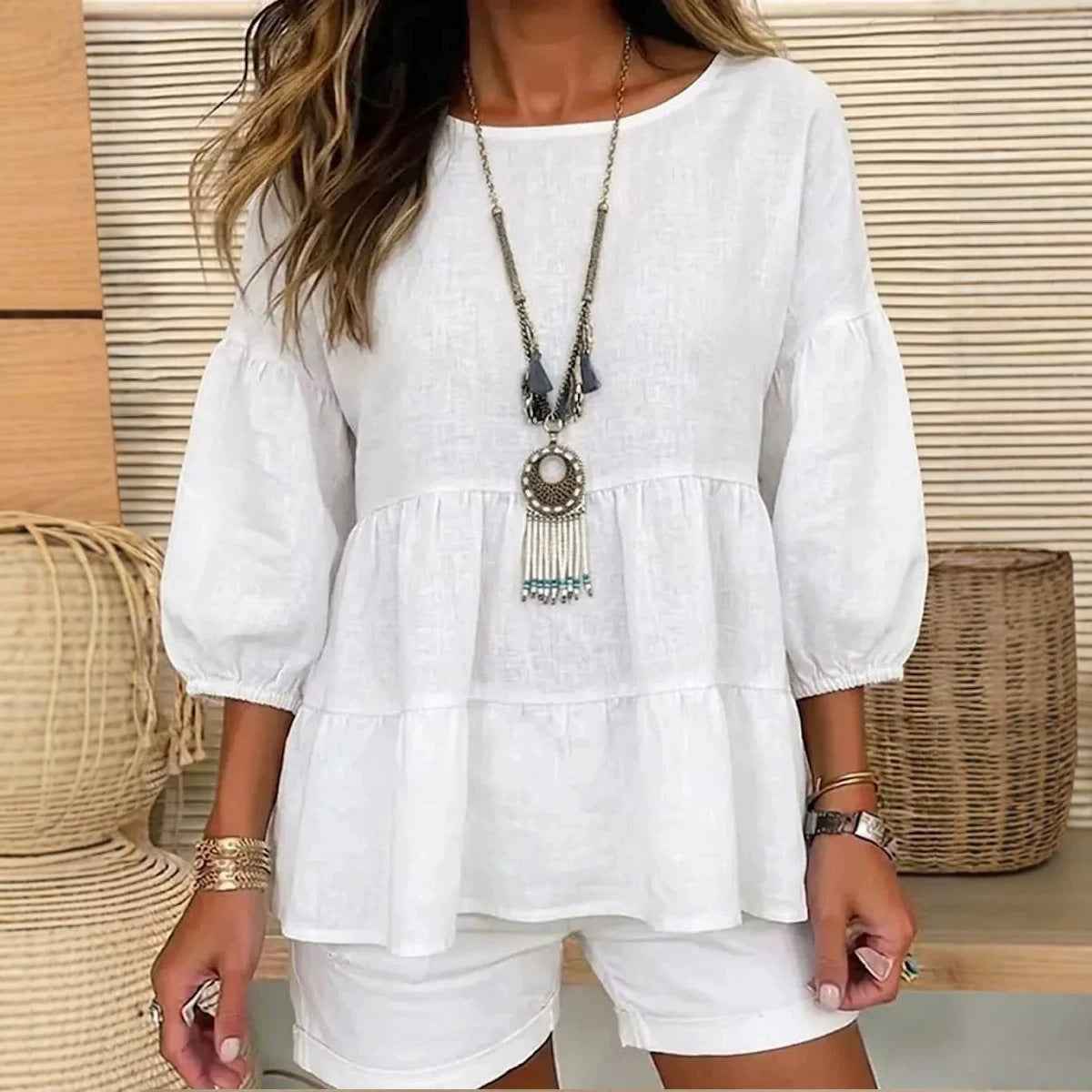 Women's Puff Sleeve Crew Neck Loose Shirt