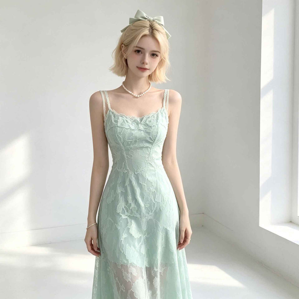Jacquard Mesh Spaghetti-Strap Slim-Fit Maxi Slip Dress