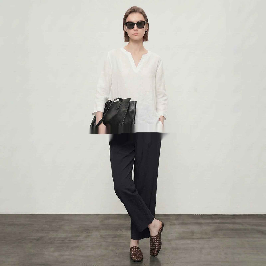 Womens Linen Plain-weave Top With Three-quarter Sleeves