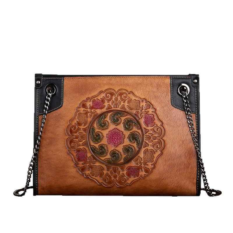 Full-Grain Leather Tote Bag — Embossed Cowhide, Large Capacity