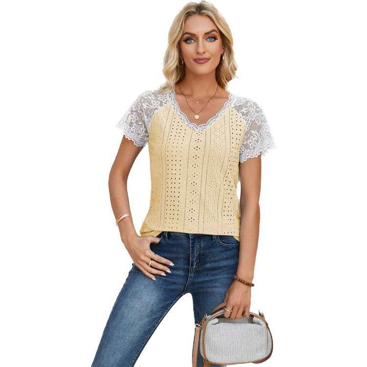 Eyelet Lace-Trim V-Neck Top