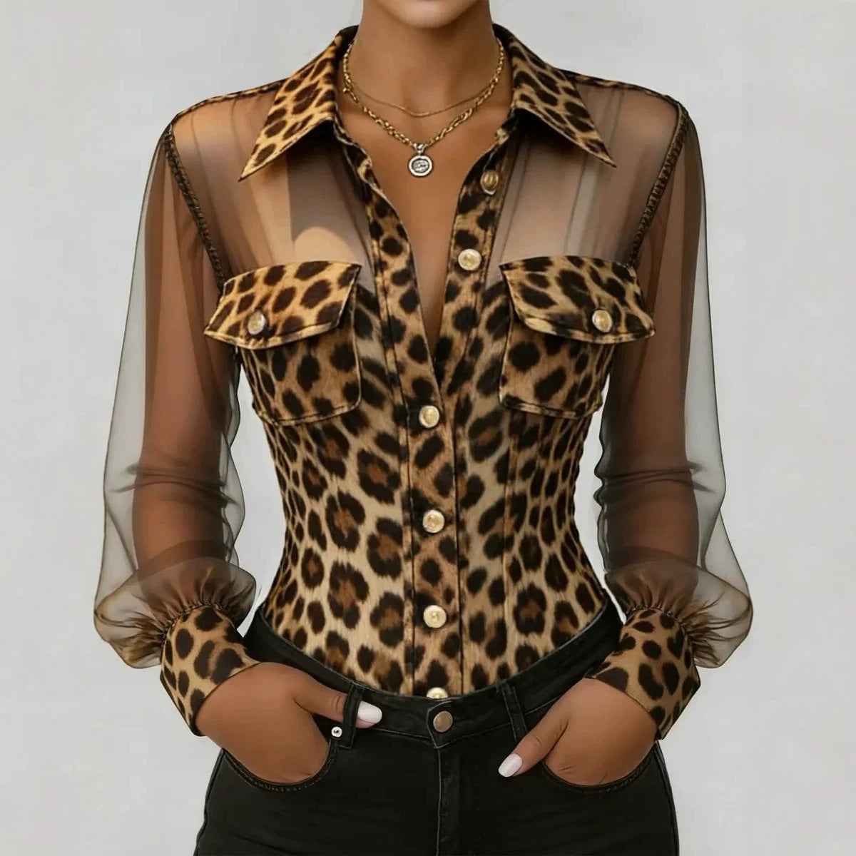 Women's Leopard Print Mesh Patchwork Cardigan with Pockets — 3 Colours