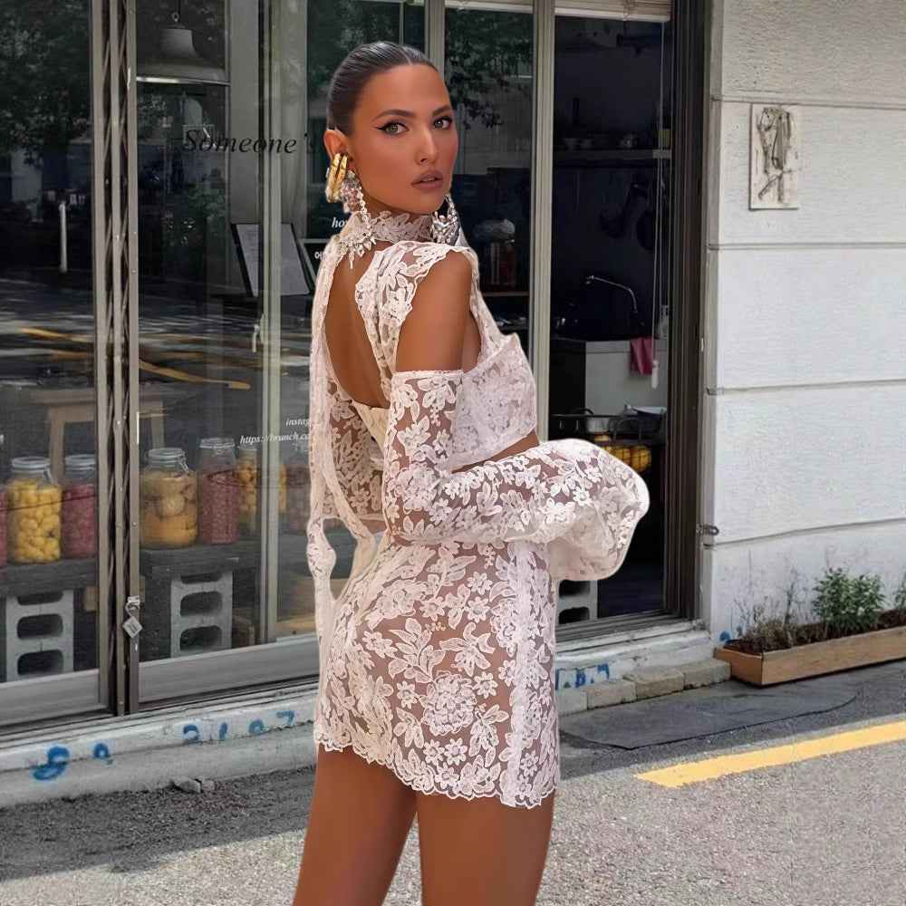 Sexy Sheer Flared-sleeve Top And Skirt Set