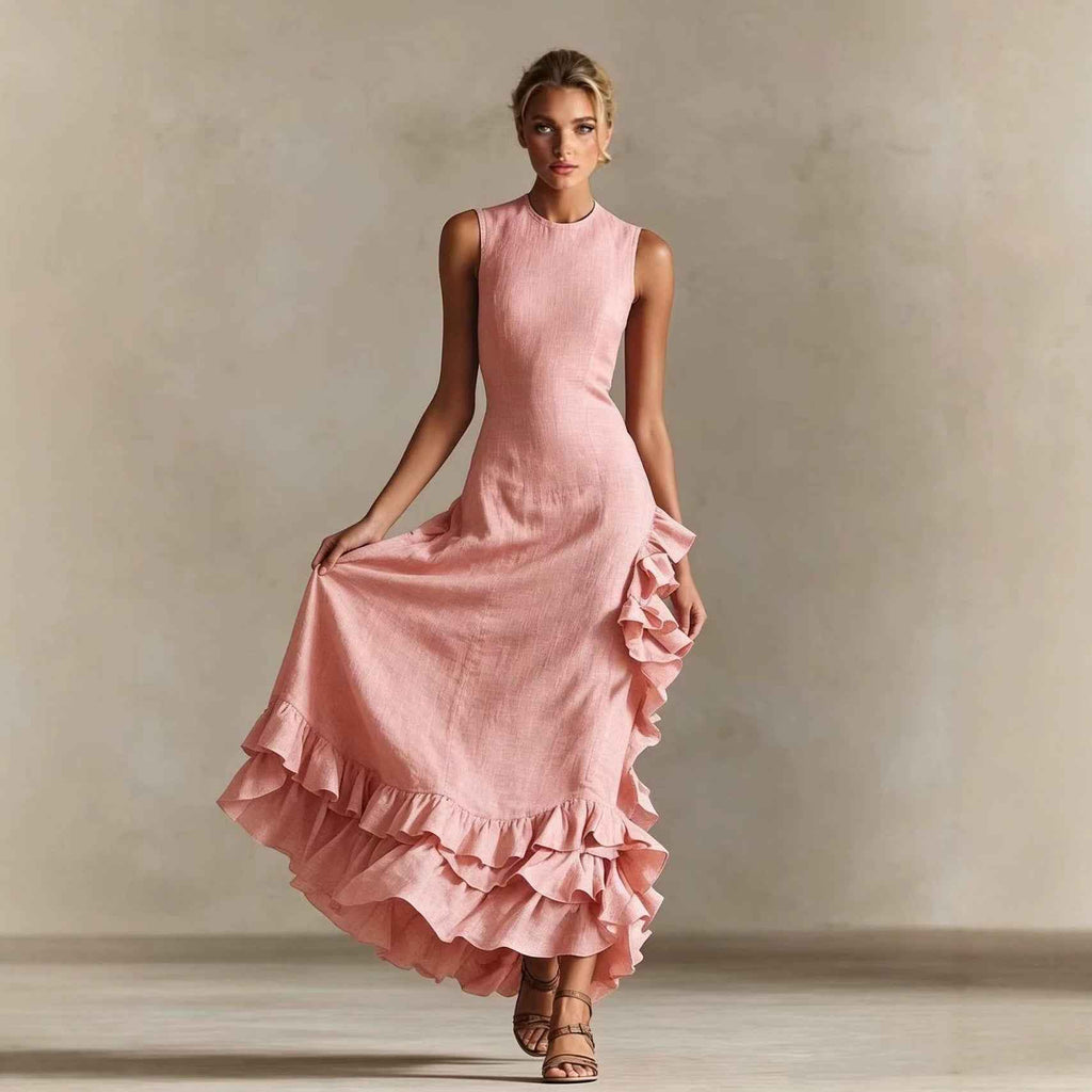 Solid-color Long Dress With A Flounced Hem