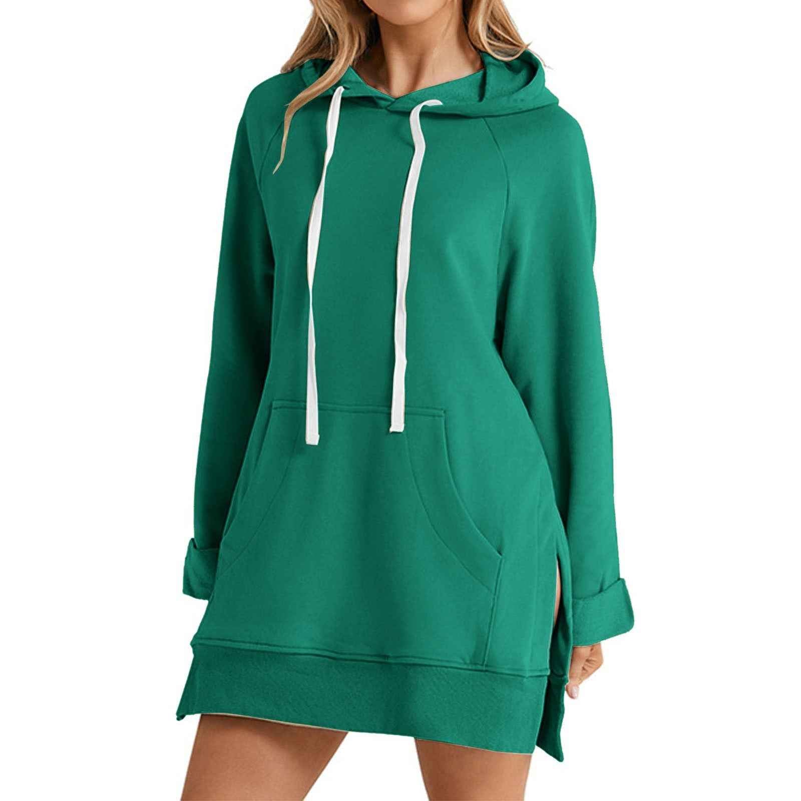 Womens Solid-color Hooded Mid-length Sweatshirt Now Available