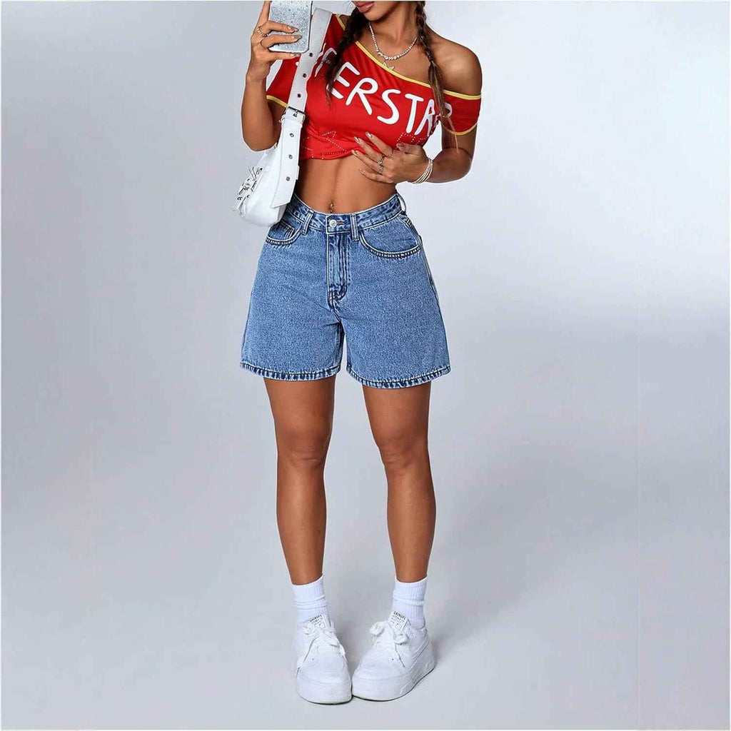 Womens Stylish Straight-leg Slim-fit Denim Shorts
