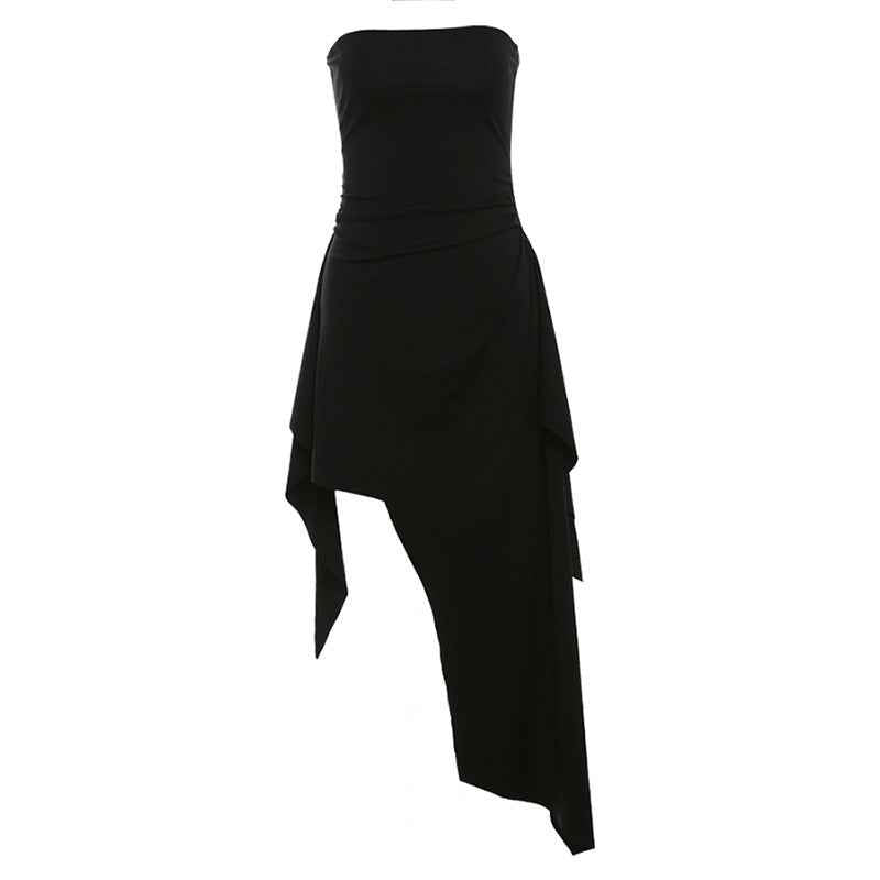 Women's Black Strapless Open-Back Midi Dress — Figure-Hugging Street Style