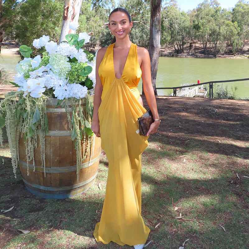Deep V Sexy Pleated Waist Dress