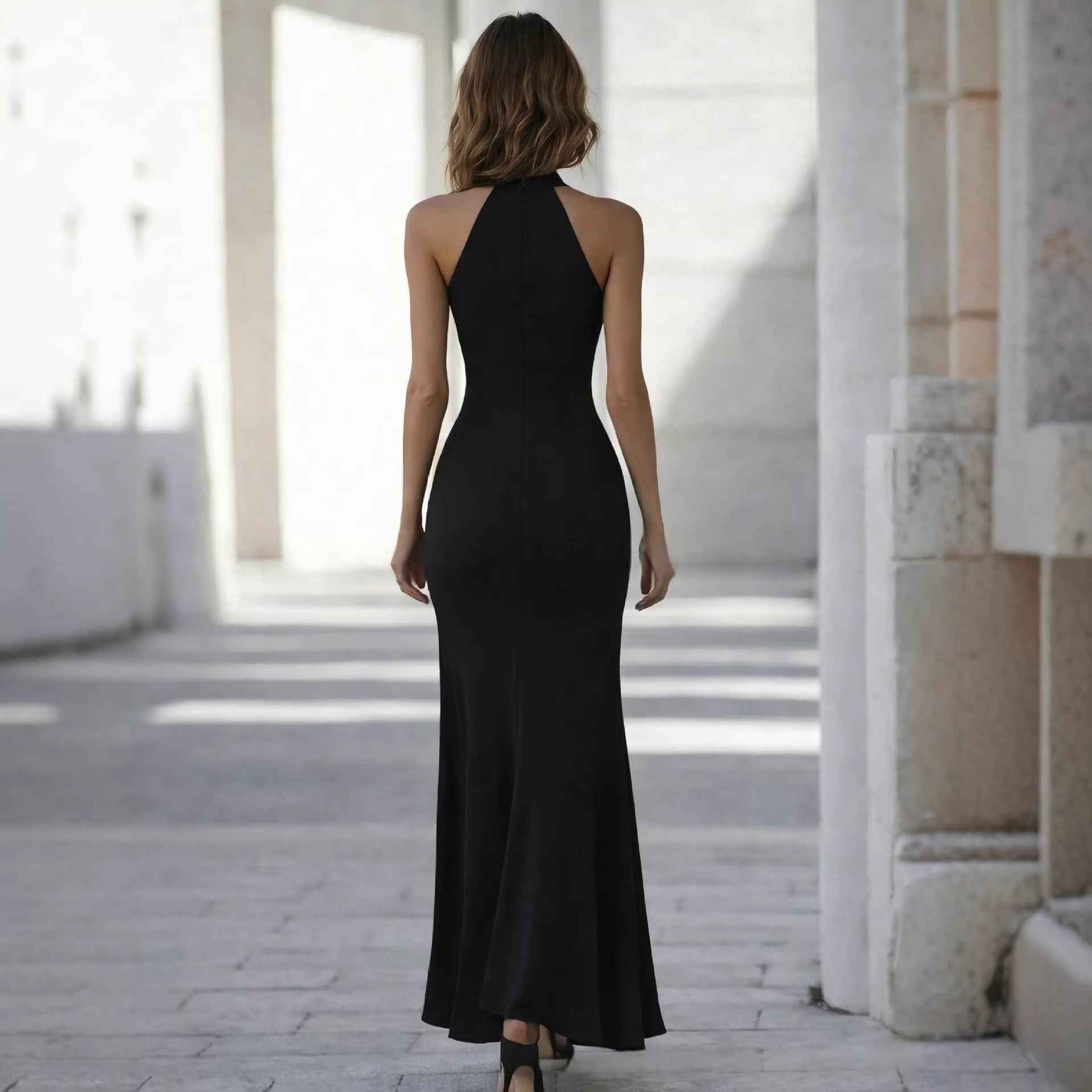 Sleeveless Halter Neck Patchwork Slim-Fit Maxi Dress with Side Slit