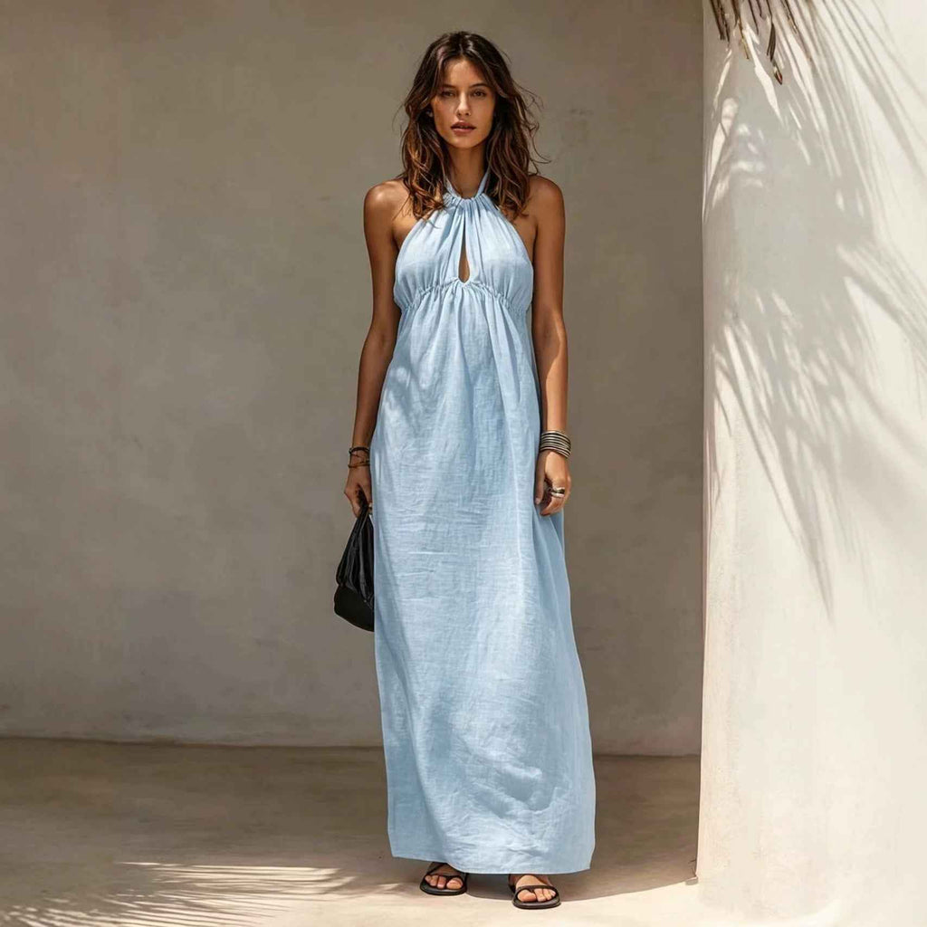 Womens Solid-color Long Halter-neck Dress
