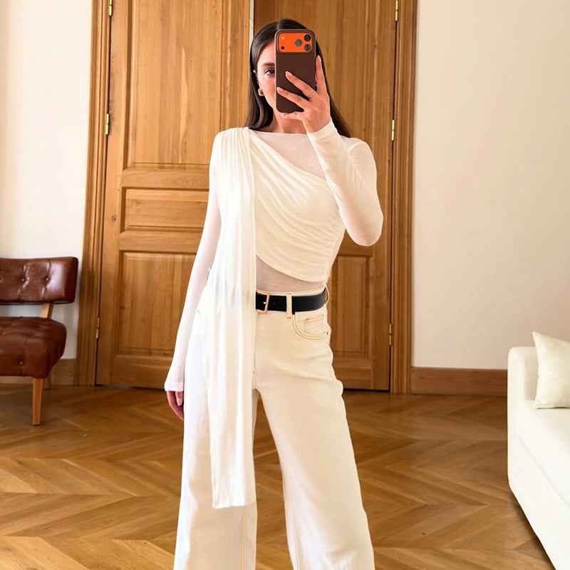 Off-Shoulder Mesh-Panel Sexy Long-Sleeve Top