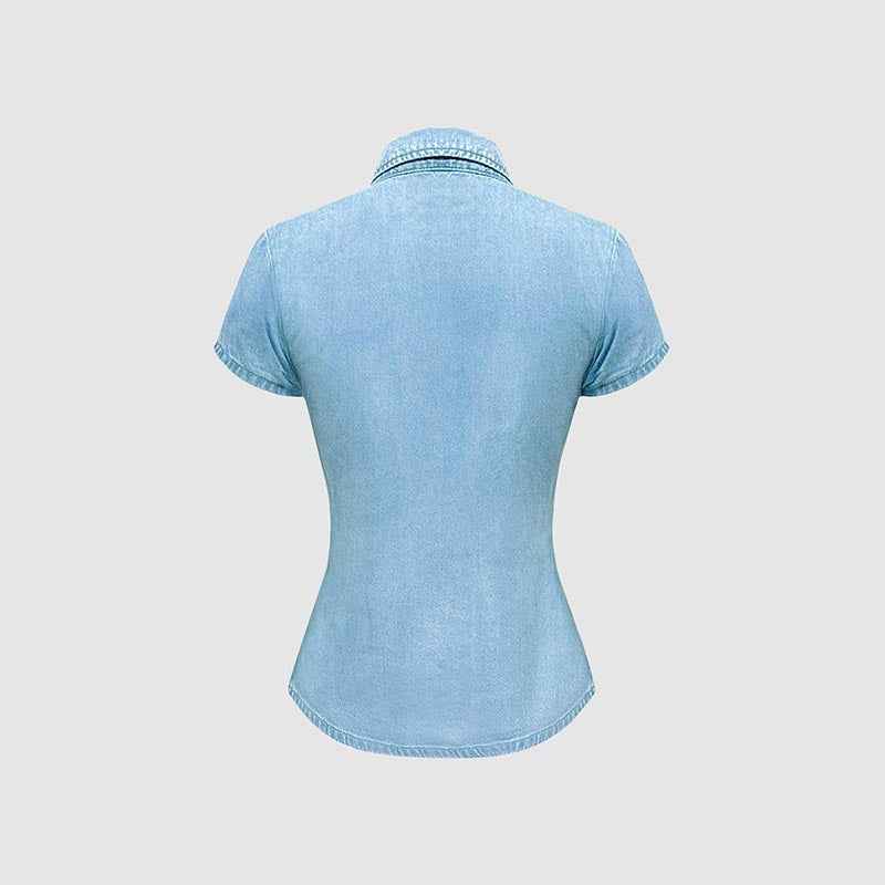 Figure-flattering Waist-cinching Single-breasted Denim Short-sleeve Shirt