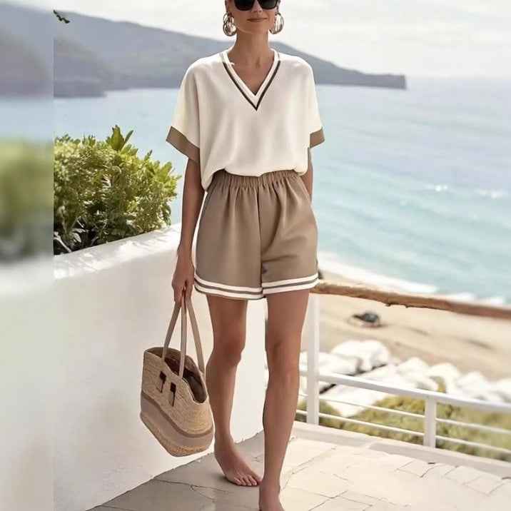 V-neck Short-sleeve Top With Straight-leg Shorts
