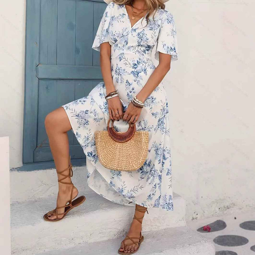 Floral Print Short-Sleeve Maxi Dress — High-Waist Beach Dress