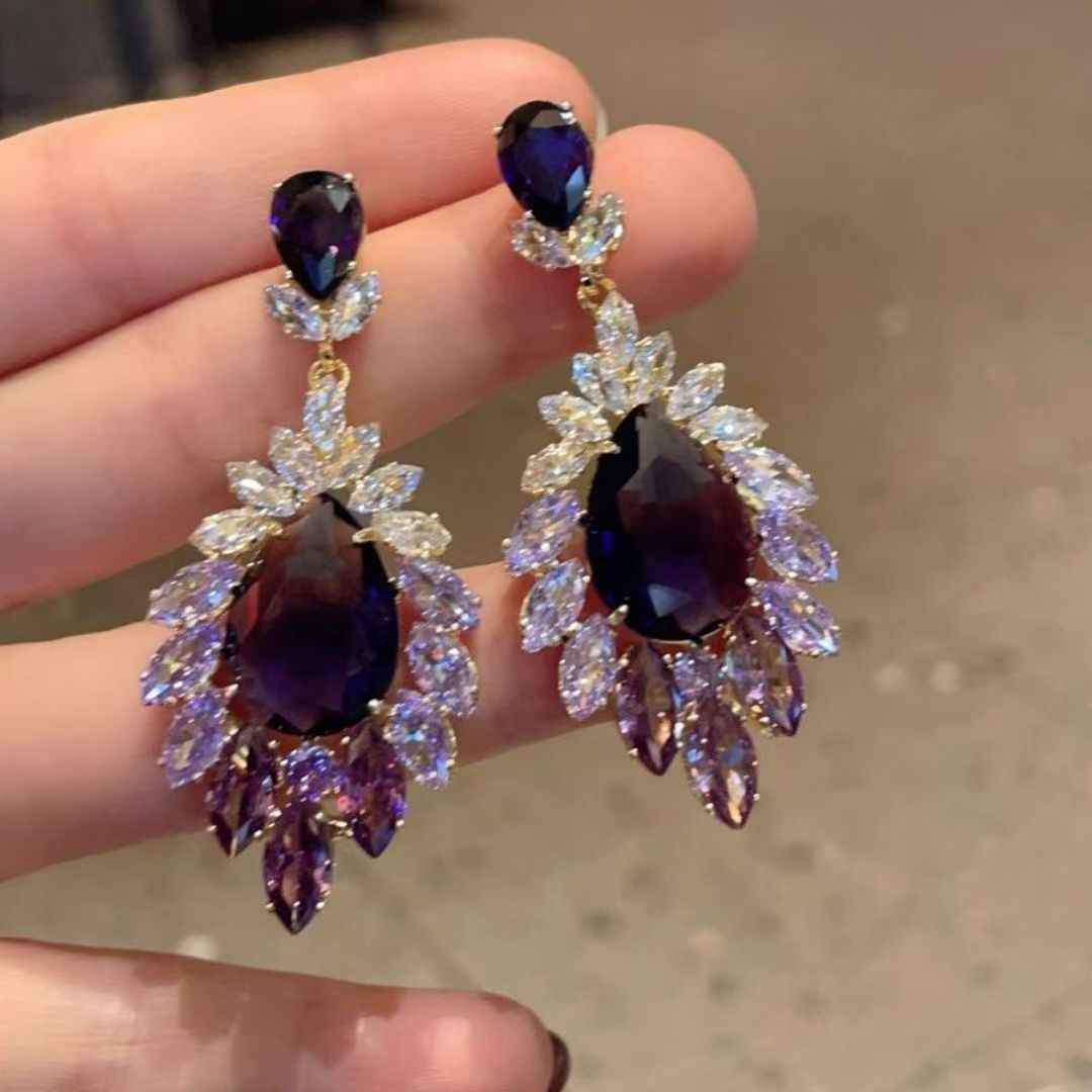 European American Fashion Gradient Purple Teardrop Zircon Earrings, Super Sparkling Dangle Drop Earrings For Runway & Formal Evening Dress