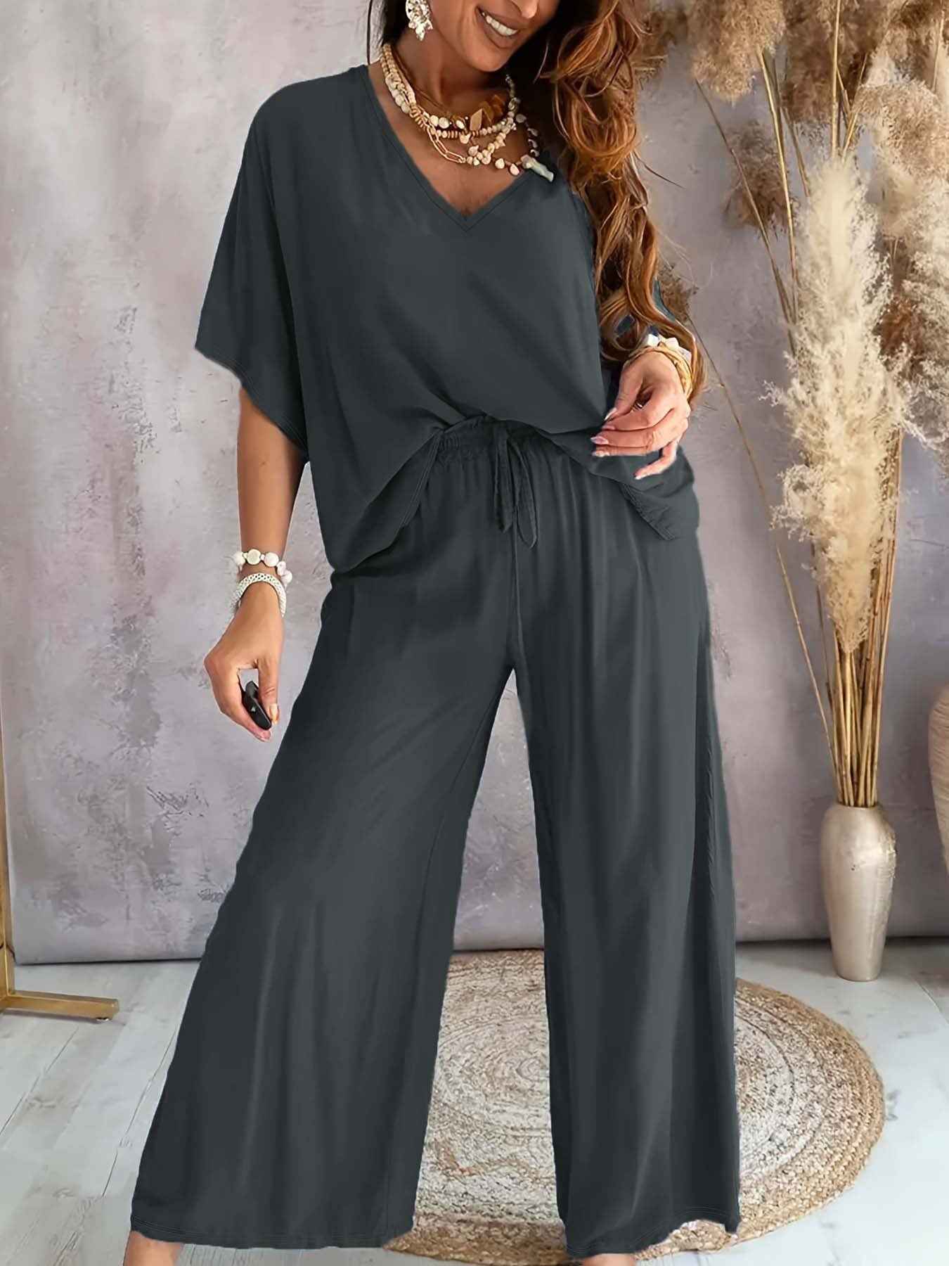 V-Neck Batwing Sleeve Loose Top & Drawstring High Waist Wide Leg Pants Two Piece Casual Outfit Set