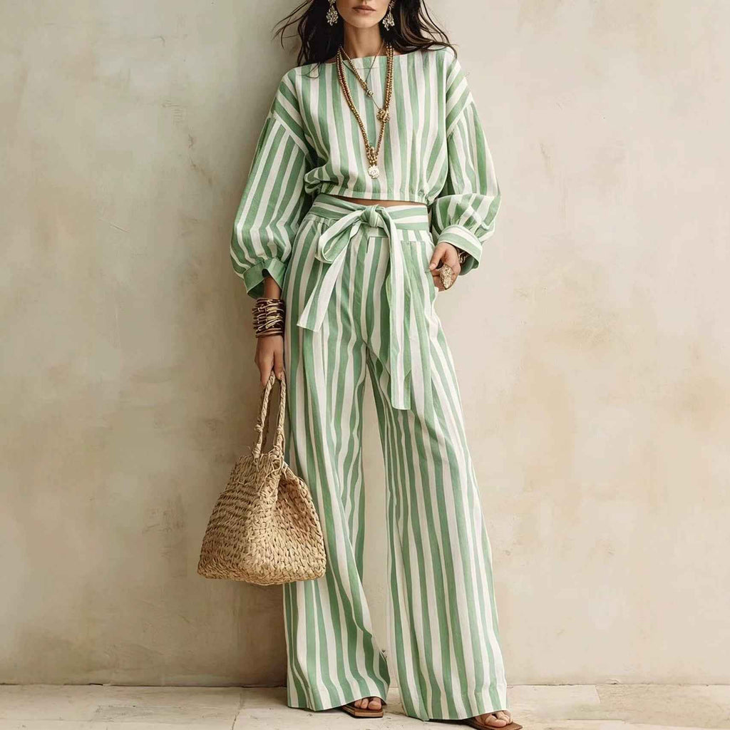 Womens Striped Cropped Top And Casual Lace-up Wide-leg Pants Set