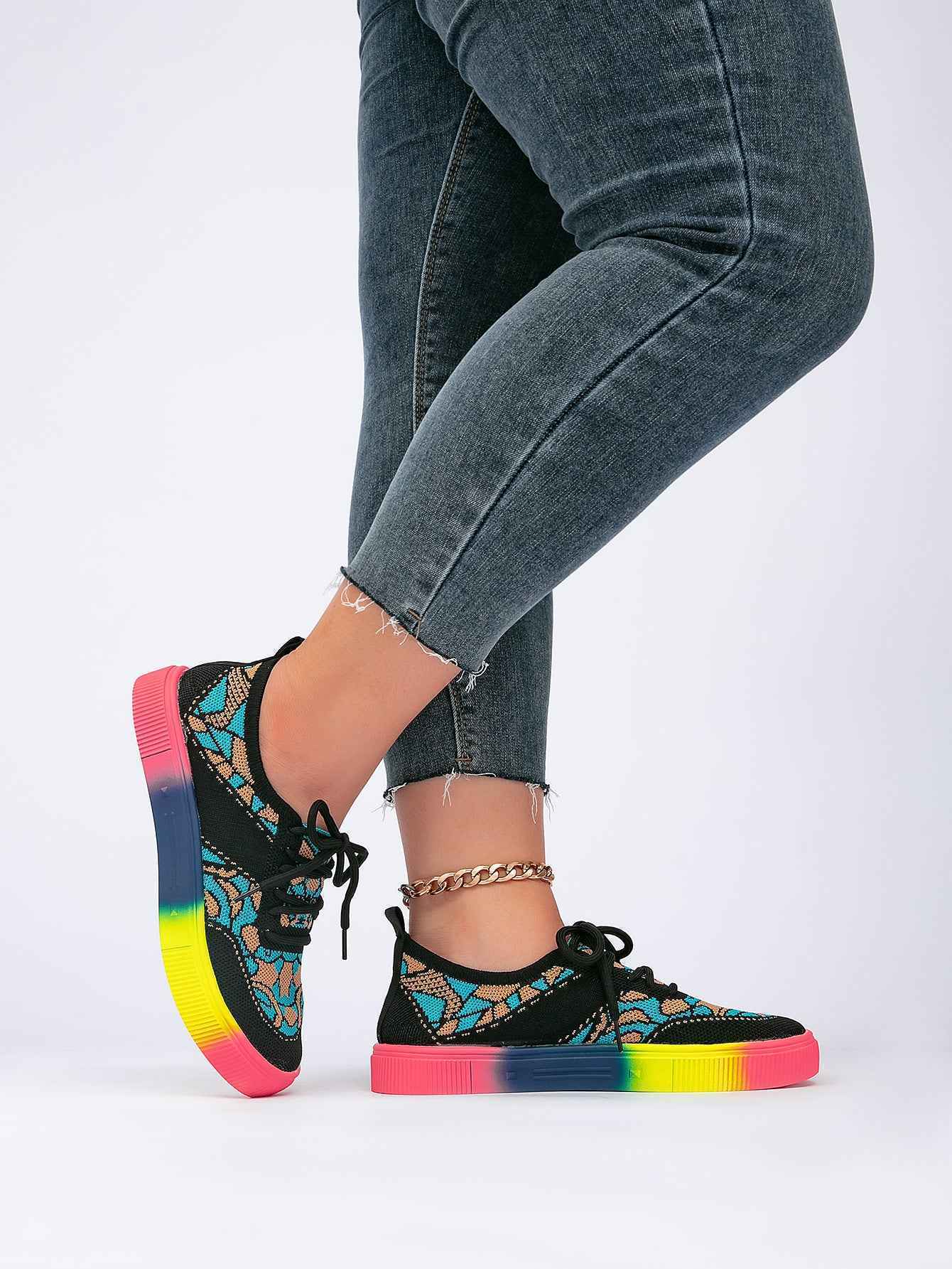 Chunky Sole Lace-Up Sneakers — Floral, Breathable, EU 36–43