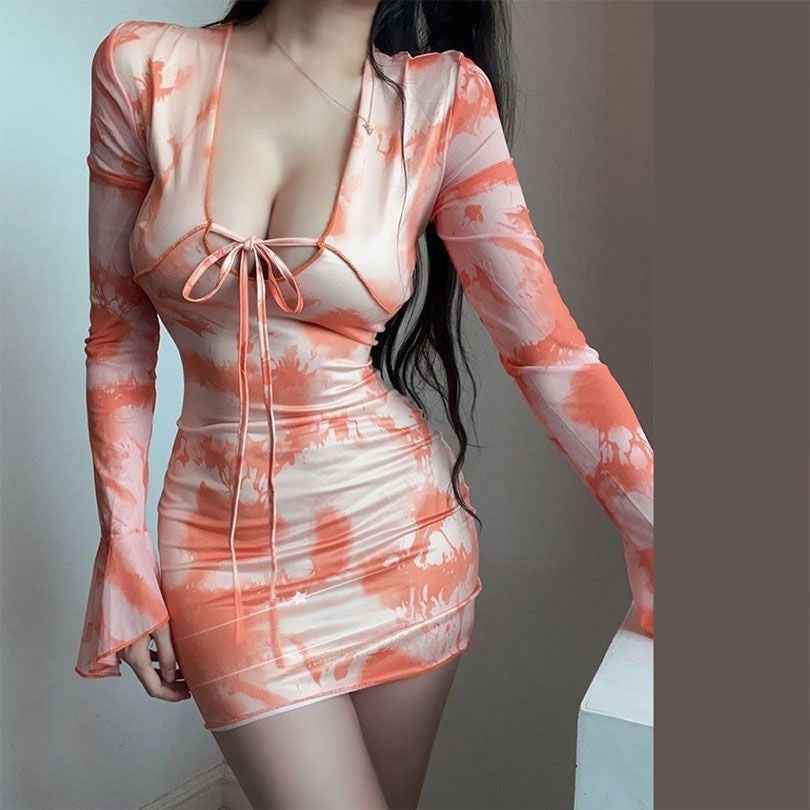 Printed Flared-Sleeve Pullover Short Dress