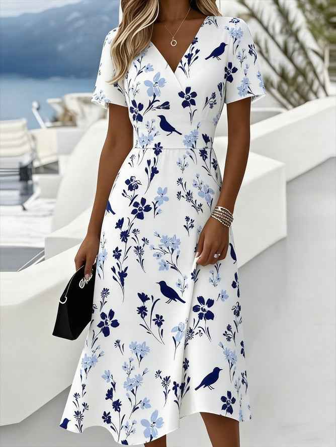 New Floral 3D Digital-print V-neck Short-sleeve Dress