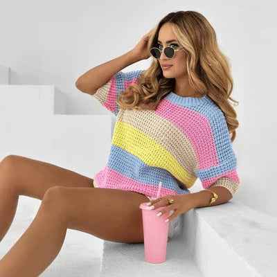 Womens Rainbow-Striped Knitted Short-Sleeve Top