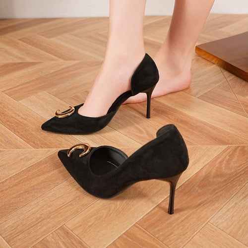 Women's Suede Pointed-Toe Stiletto Pumps with Gold Buckle — Black, EU 36–40