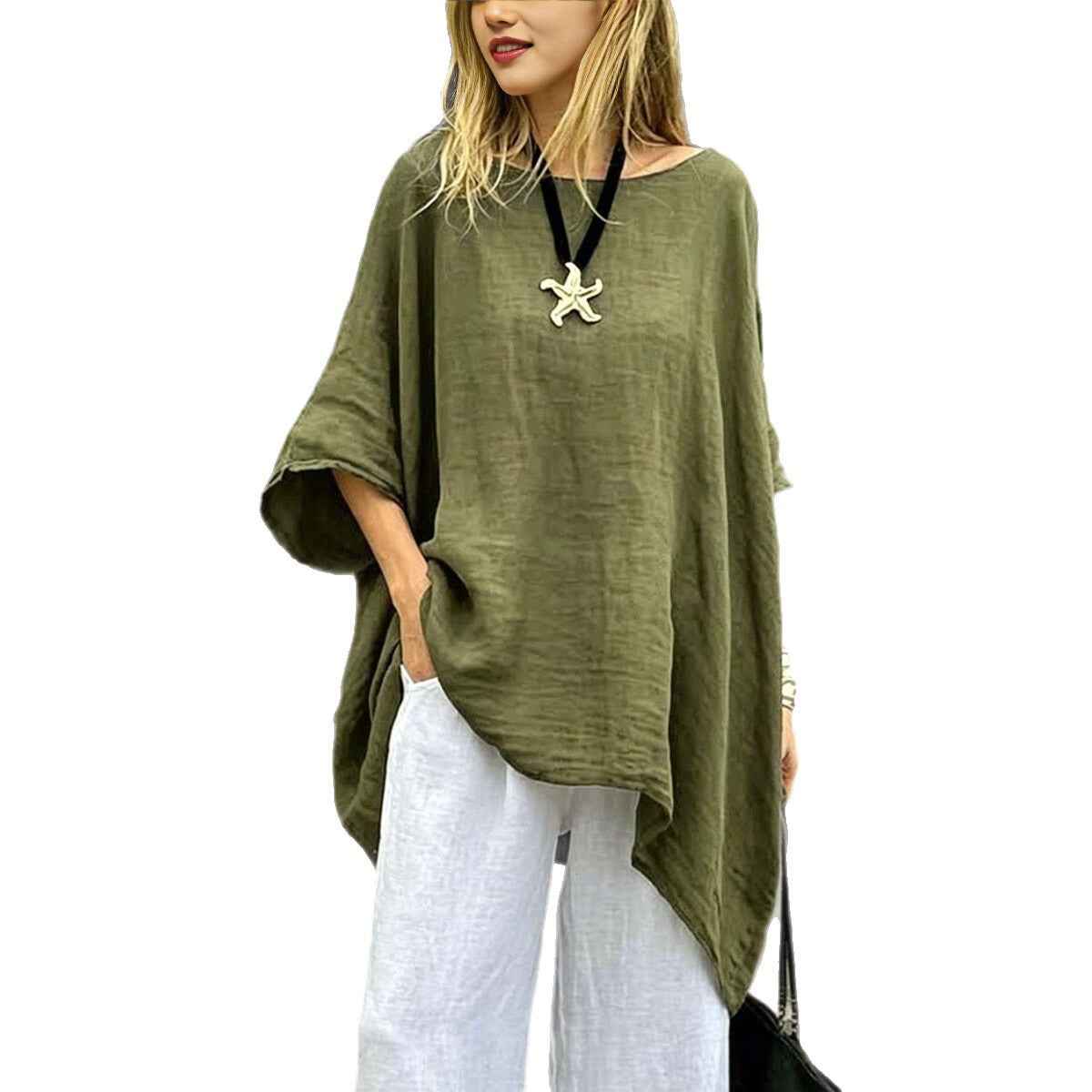 Women’s Asymmetric Hem Casual Top – 3/4 Sleeve Round-Neck | S–3XL