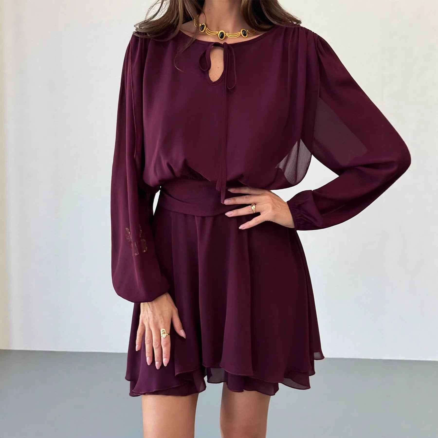 Long Sleeve Lace-Up High-Waist A-Line Dress