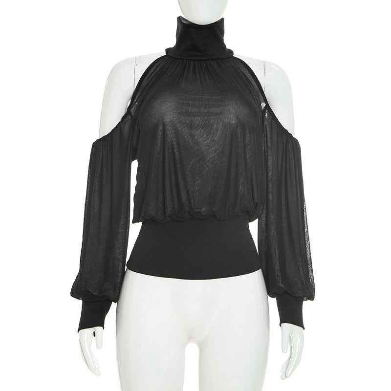 Autumn Womens Off-shoulder High-neck Sheer Mesh Long-sleeve Versatile Top