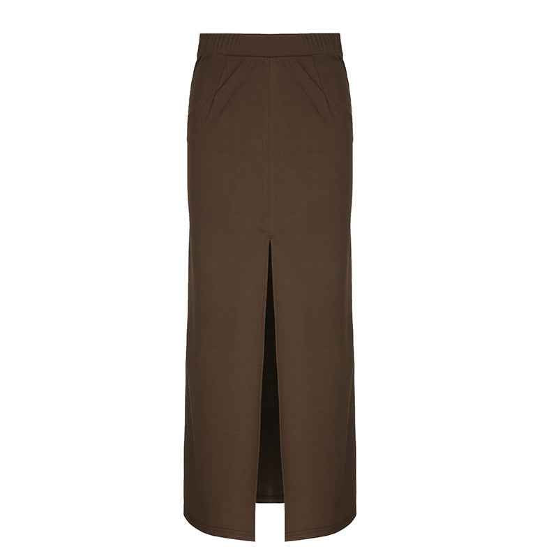 Knitted Slim-fit Solid-color One-piece Slit Midi Skirt