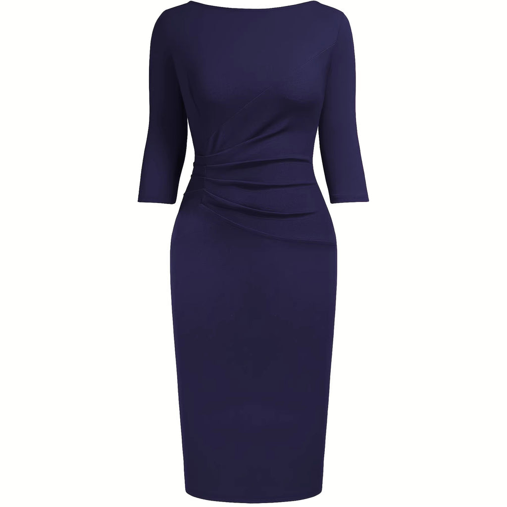 Three-Quarter Sleeve Asymmetrical Pleated Bodycon Midi Dress