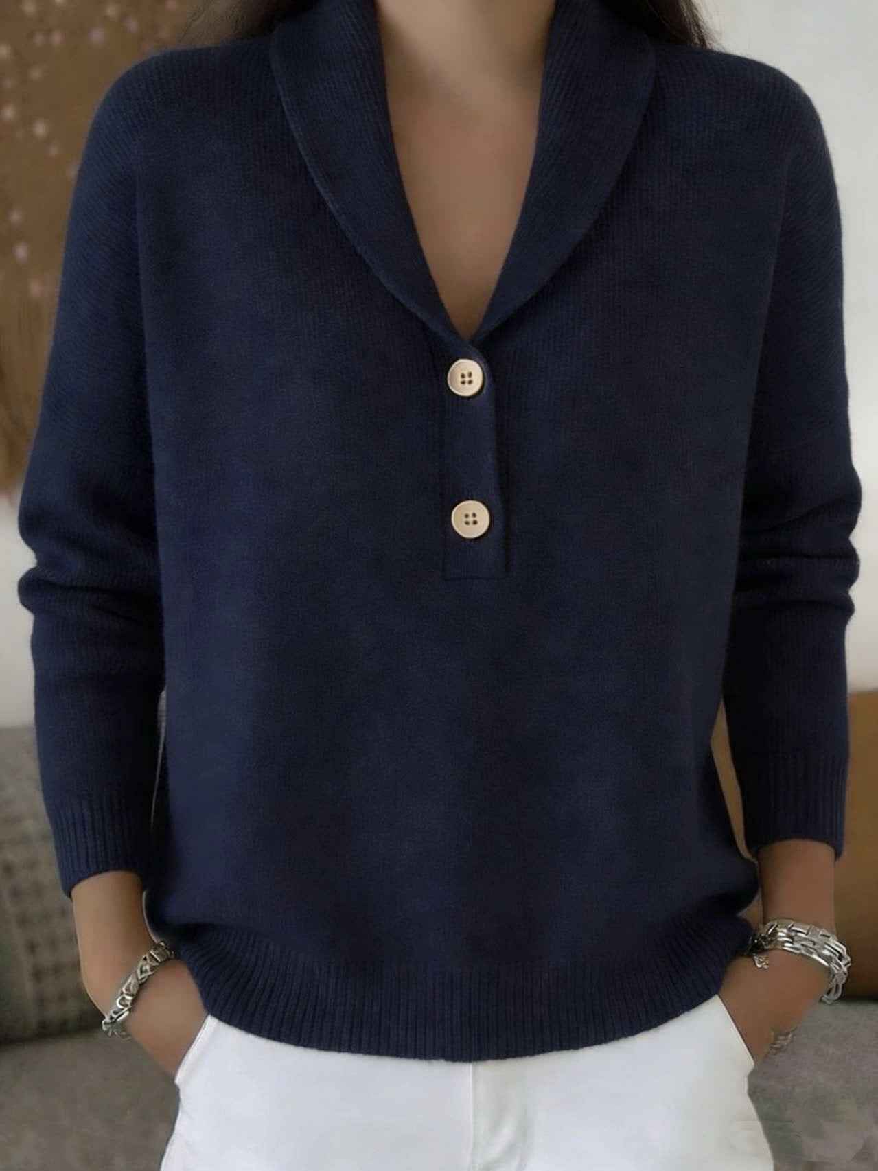 Polo Neck Knit Sweater – Loose Fit Button Detail Pullover