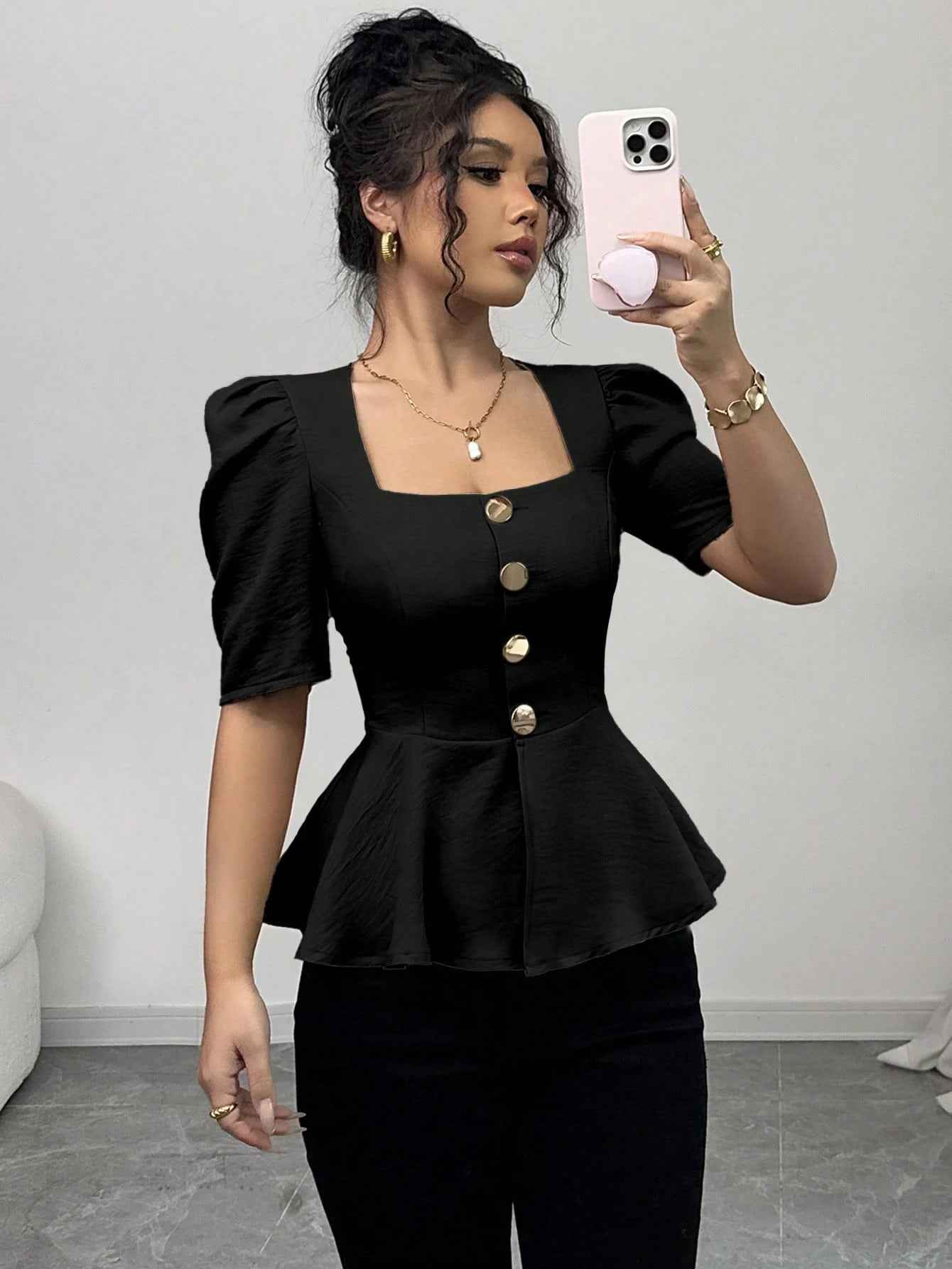 Square-Neck Puff Sleeve Button-Detail Slim Blouse