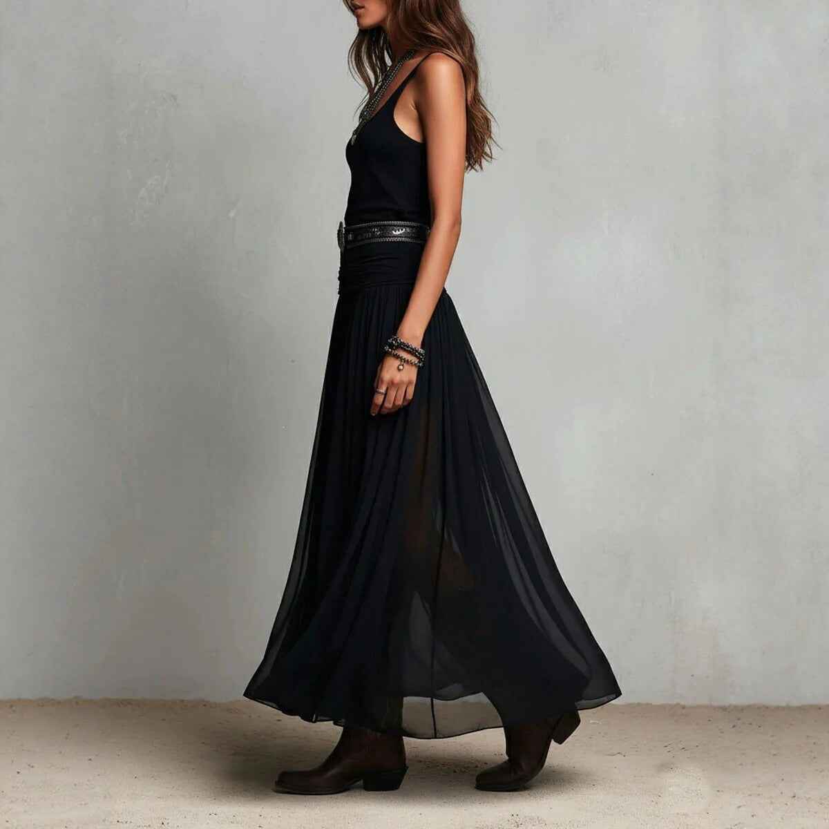 Sheer Pleated A-Line Sleeveless Maxi Dress
