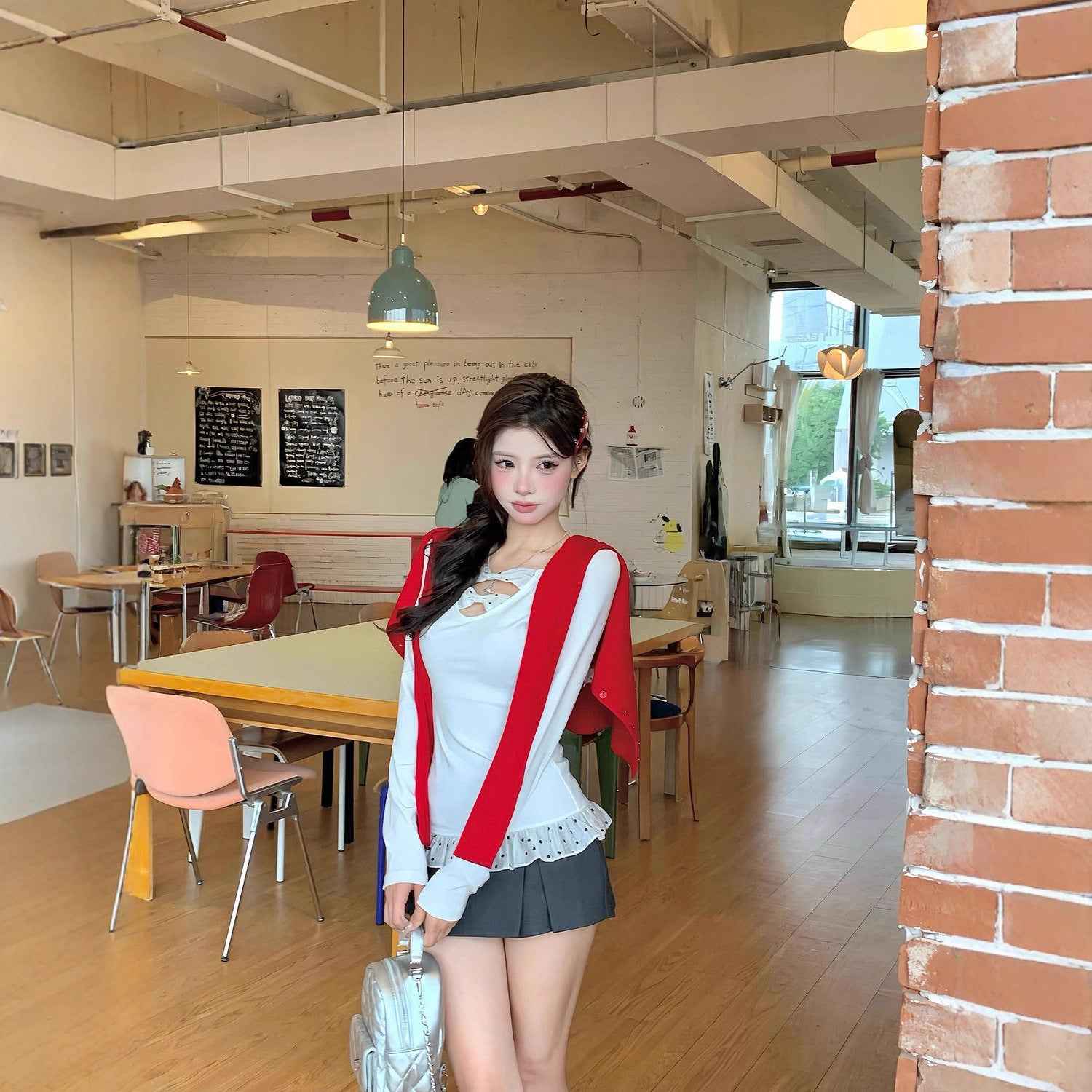 Cotton Lace-Spliced Long-Sleeve Top — Sweet Korean Style