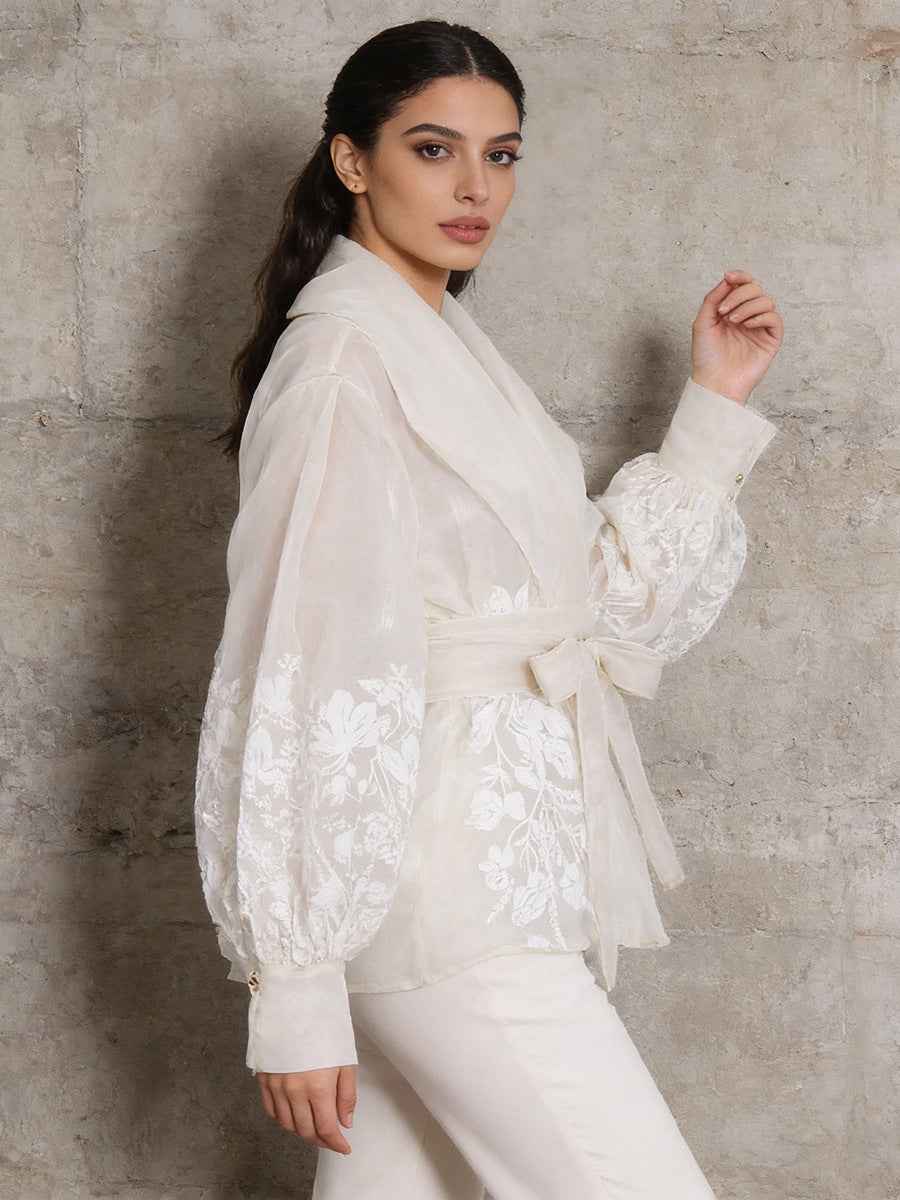 Floral Embroidery Wrap Blouse | Bishop Sleeve Organza Top