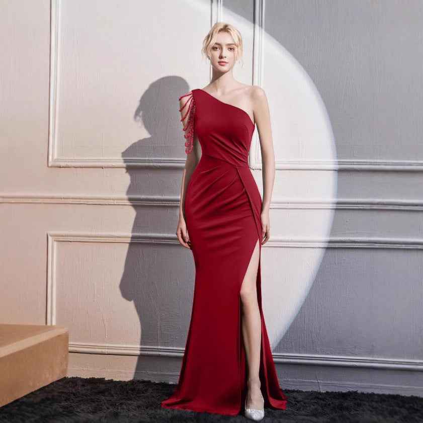 One-Shoulder Short-Sleeve Mid-Waist Formal Maxi Dress