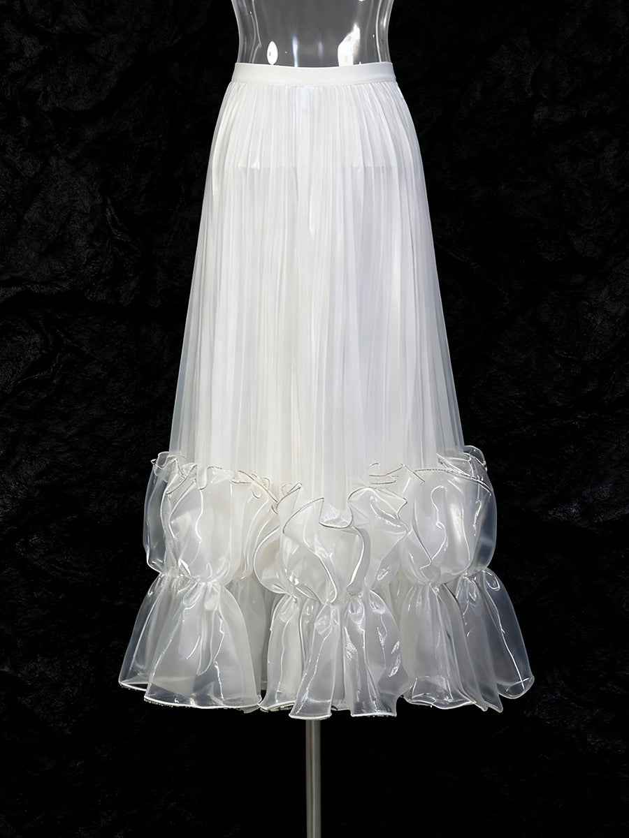 Pleated Ruffle Hem Midi Skirt – High Waist, A-Line