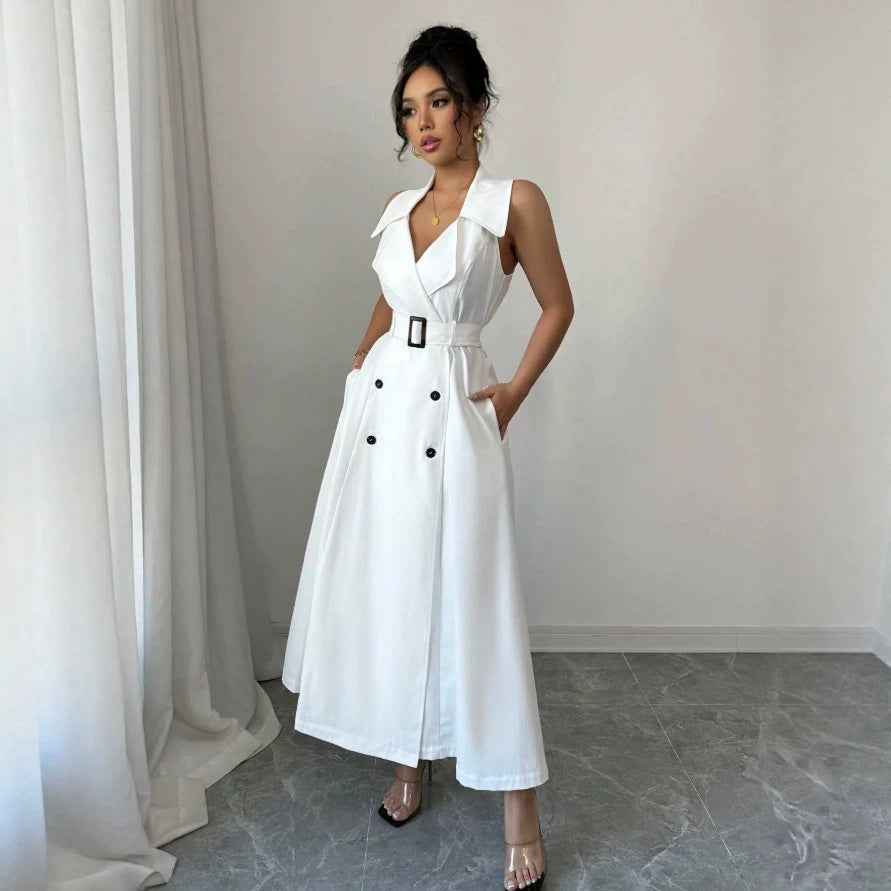 Sleeveless Double-Breasted Polo Collar A-Line Mini Dress