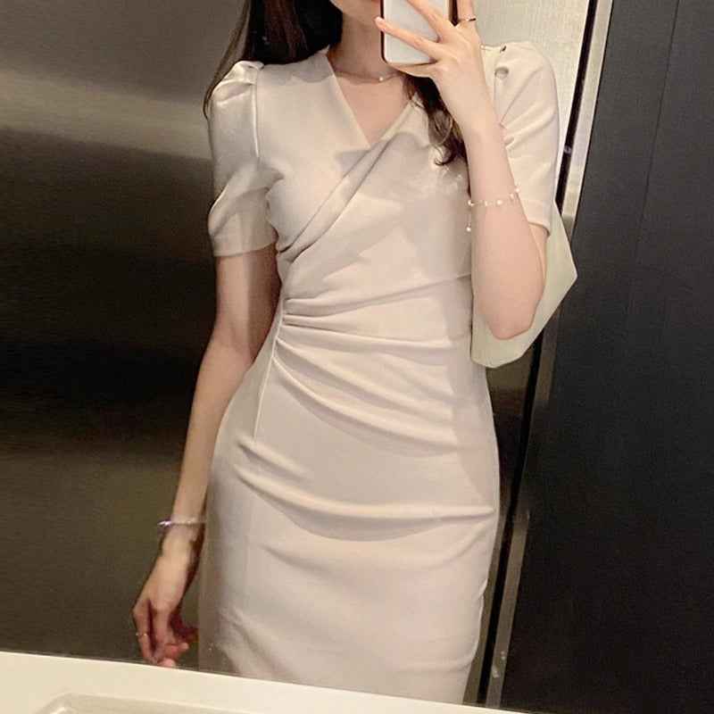 High-Waist V-Neck Pleated Bodycon Midi Pencil Dress